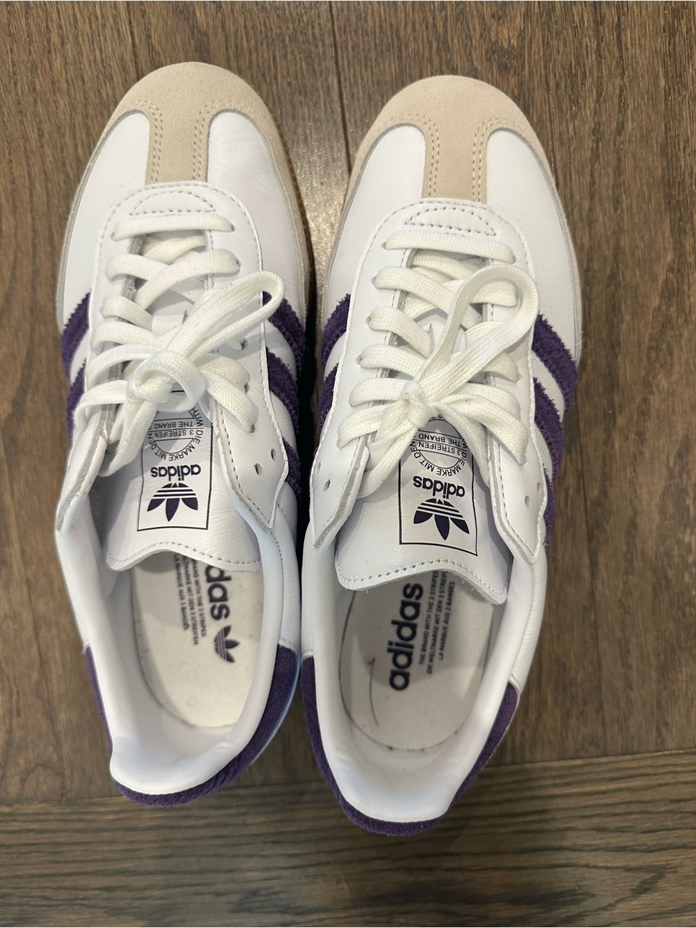 adidas White Sneakers with Purple Stripes and Tan Toe Cap